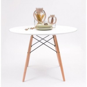 Mesa de cocina o comedor redonda TOWER sobre lacado en blanco de 100 cm y patas de madera de haya