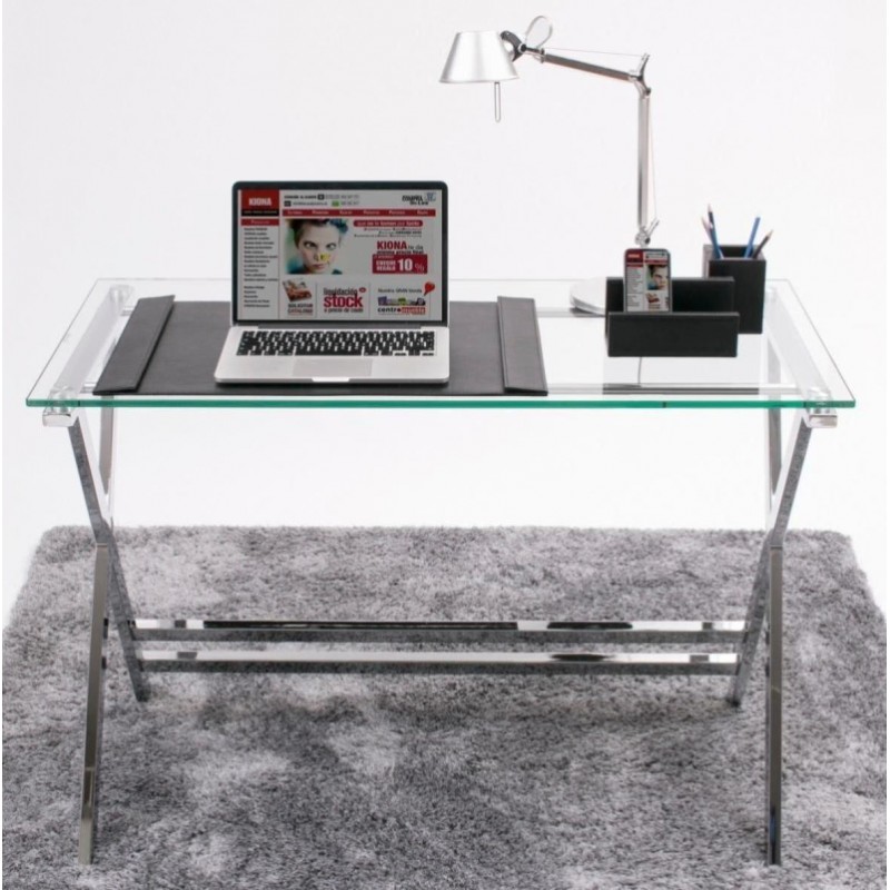 Mesa de escritorio EQUIS sobre de cristal templado y estructura de met