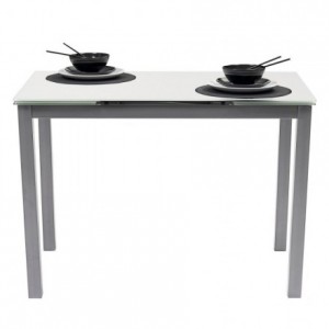 Mesa de cocina extensible PARIS ÓPTICO sobre de cristal blanco PURO y estructura en metal gris 110/170x70cm