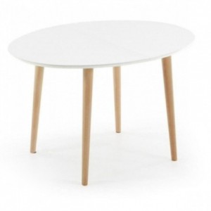 Mesa de comedor extensible de diseño nórdico OQUI sobre dm lacado blanco y pies de madera 120/200x90 cm
