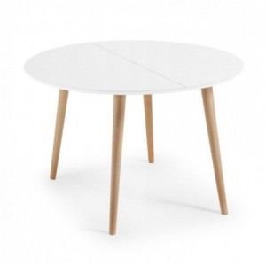 Mesa de comedor redonda y extensible de diseño nórdico OQUI sobre dm lacado blanco y pies de madera 120/200x120 cm
