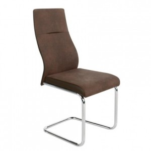Silla de comedor MIEL CHOCO tapizada en tela napa y polipiel y pata omega cromada