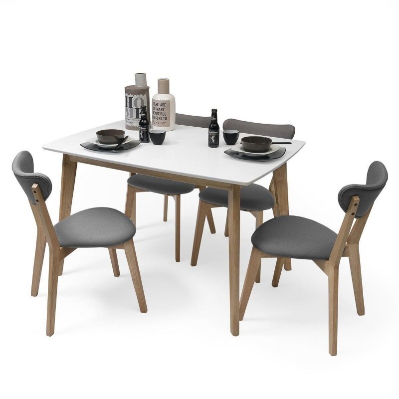 Conjunto de mesa de comedor, sillas y aparador lacado blanco mate.