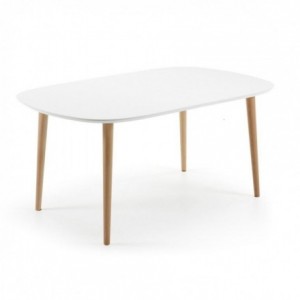 Mesa de comedor extensible de diseño nórdico OQUI sobre dm lacado blanco y pies de madera 160/260x100 cm