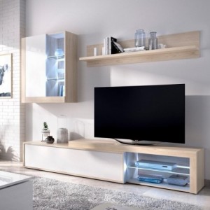 Mueble de salón modular KOLN color blanco brillo y natural de 215 cm