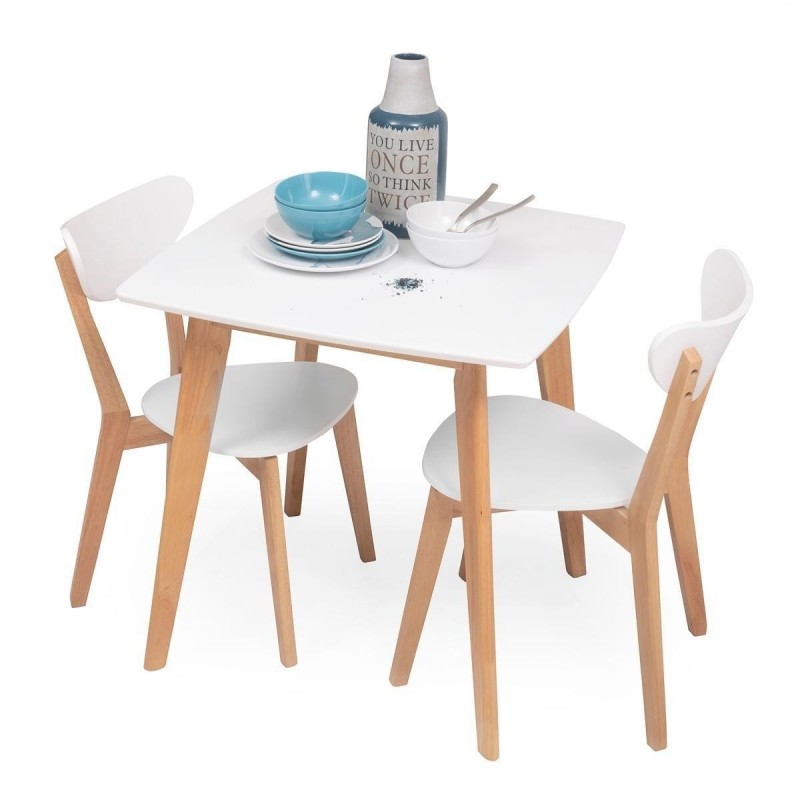 Conjunto de comedor/cocina de diseño mesa fija de 75x75 cm y 2 sillas color roble blanco - Kiona