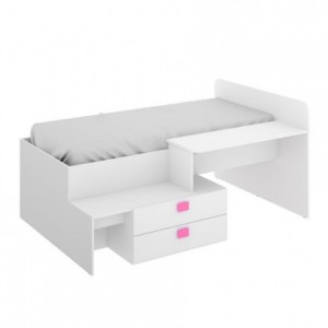 Cama juvenil de diseño moderno CHIC tablero de partículas melaminizado color blanco y tiradores fucsia/azul 195x134x95 cm