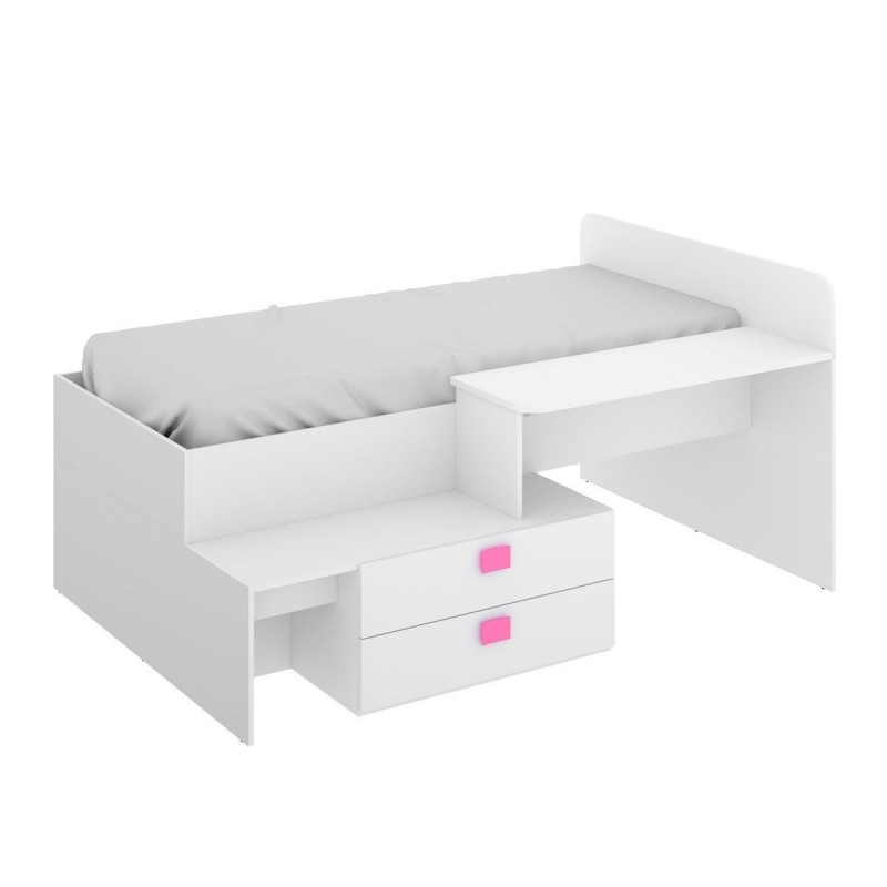 Cama alta juvenil con escritorio extraíble CHIC tablero de partículas  melaminizado color blanco, fucsia y azul 205x107x120 cm - Kiona Decoración