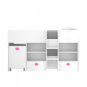 Cama alta juvenil con escritorio extensible CHIC tablero de partículas melaminizado color blanco, fucsia y azul 205x107x120 cm