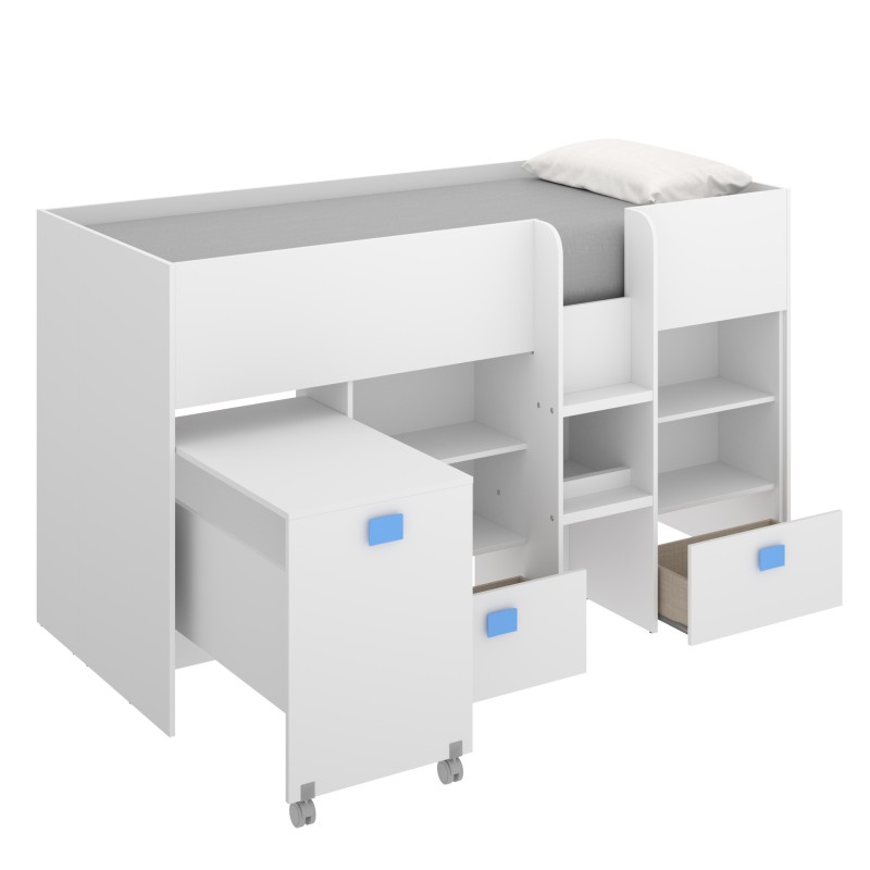 Cama alta juvenil con escritorio extensible CHIC tablero de partículas  melaminizado color blanco, fucsia y azul 205x107x120 cm - Centro Mueble  Online