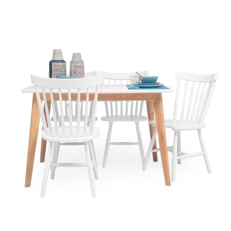 Pack Mesa de comedor extensible y 4 sillas blanco y patas madera