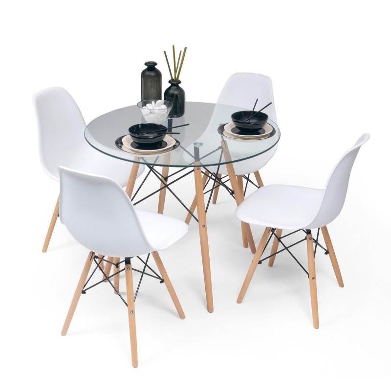 Conjunto de comedor TOWER CRISTAL. Mesa de cristal redonda de 90 cm y