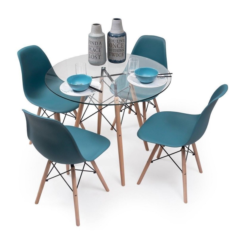 Conjunto de comedor TOWER CRISTAL. Mesa de cristal redonda de 90 cm y