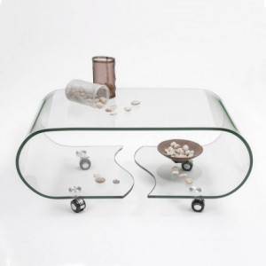 Mesa de centro con ruedas y cristal curvado de una pieza COFFEE de 90x50x39,5 cm