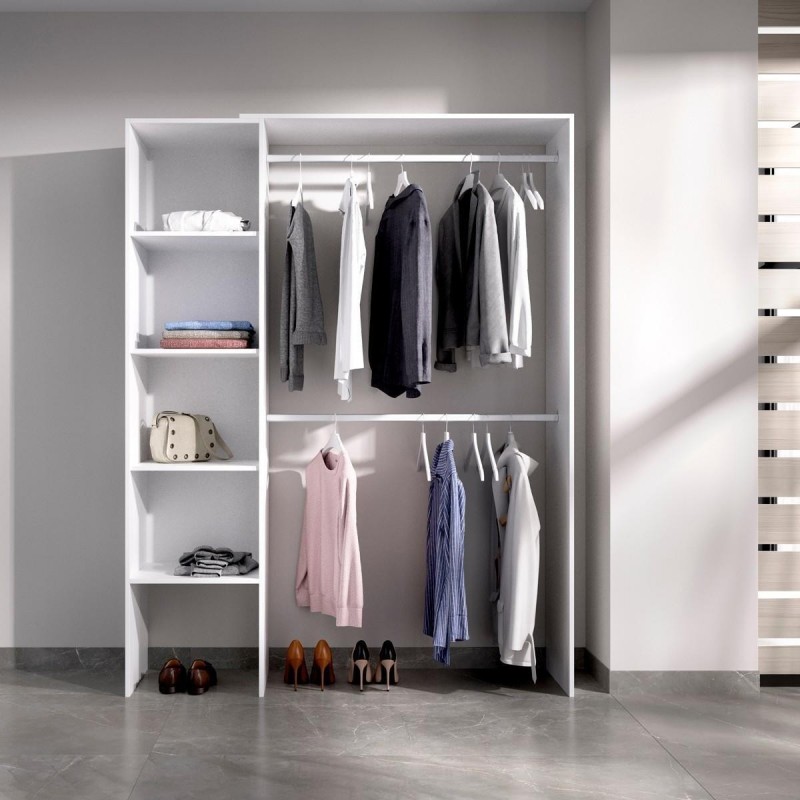 Armario vestidor con cuatro estantes SUIT color blanco, adaptable de 140 a  110 cm - Kiona Decoración