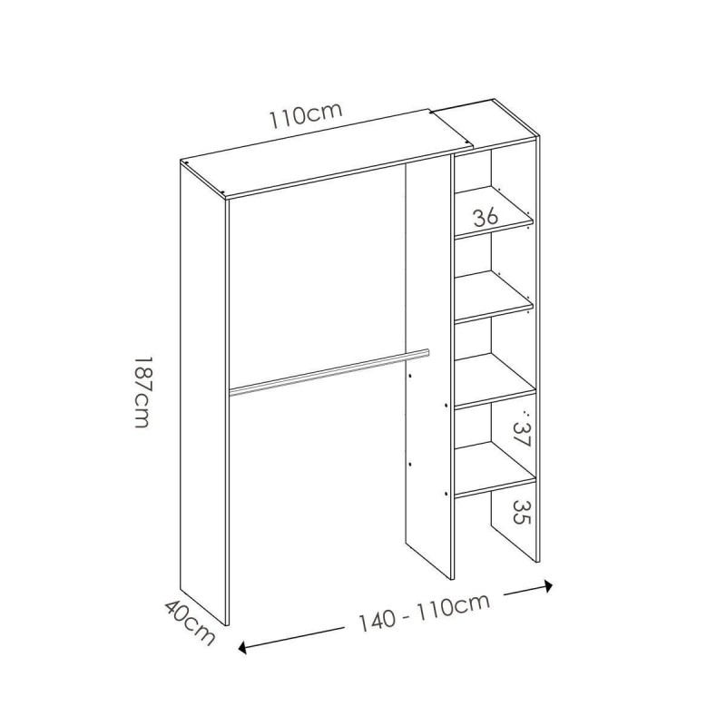 Armario vestidor con cuatro estantes SUIT color blanco, adaptable de 140 a  110 cm