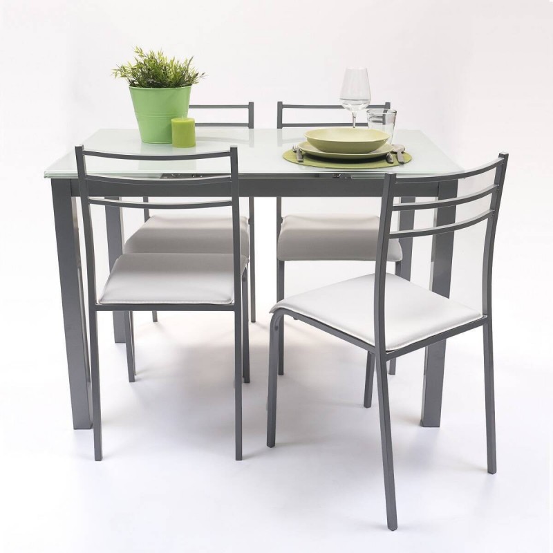 Conjunto Mesa Cocina Cristal Extensible + 4 Sillas