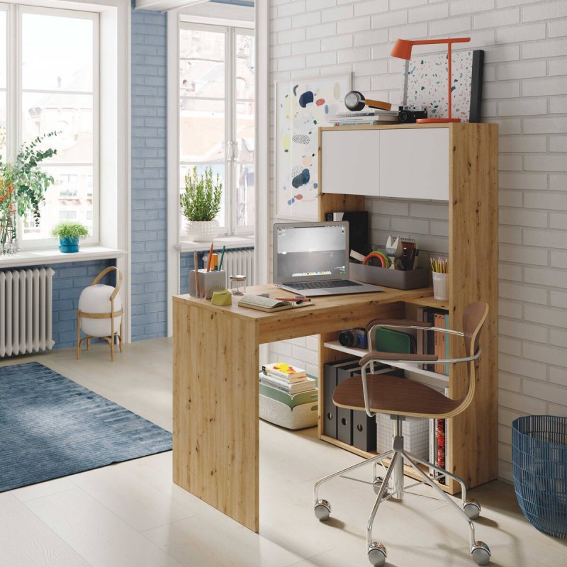 Mesa escritorio con estantería DUO color blanco artik y roble nodi - Kiona  Decoración