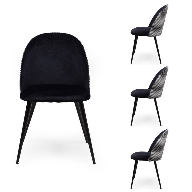 Pack de 4 sillas de comedor DAVINIA tela velvet color negro y tela  estampada pata de gallo y patas de metal color negro - Kiona Decoración