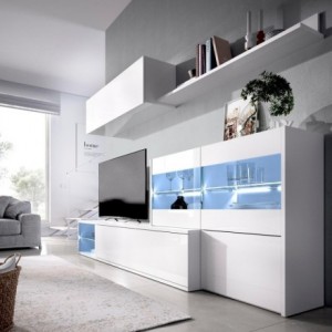 Mueble de salón modular UMA color blanco brillo o blanco brillo y natural de 260 cm