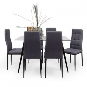 Conjunto de comedor CAIRO ZUNI mesa de cristal 120x80 cm y 6 sillas tapizadas color gris
