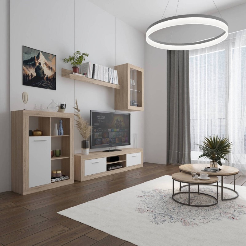 Mueble de salón modular FORMENTERA II color roble sonoma y blanco de 203 cm  - Kiona Decoración