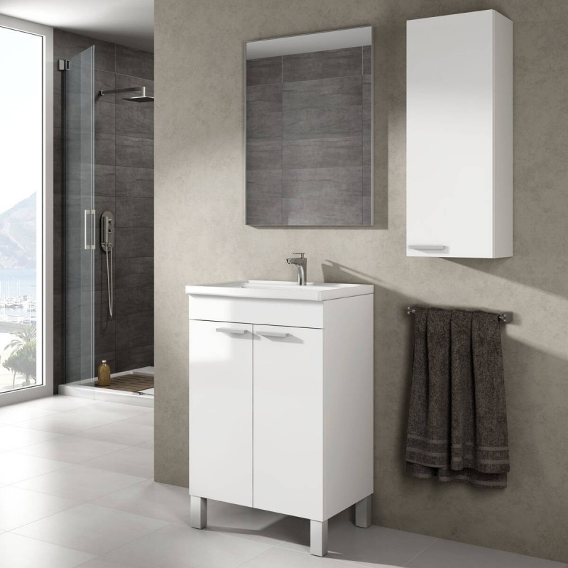 Mueble de baño pequeño de 2 puertas + espejo KONCEPT color blanco brillo de  50x40x 80 cm (LAVABO NO INCLUIDO) - Kiona Decoración