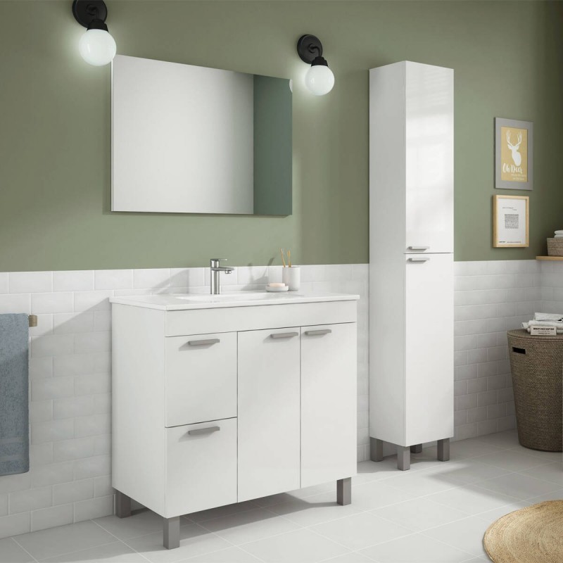 Mueble de baño + espejo AKTIVA color blanco brillo / gris ceniza de 80x45x  80 cm (LAVABO NO INCLUIDO) - Kiona Decoración