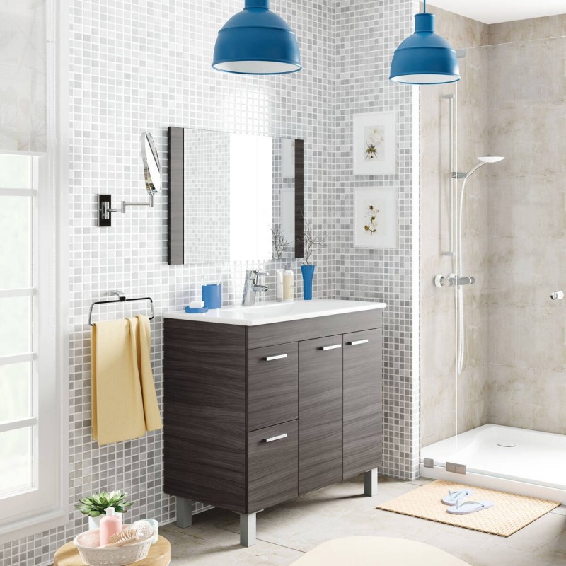 Mueble de baño + espejo AKTIVA color blanco brillo / gris ceniza de 80x45x  80 cm (LAVABO NO INCLUIDO) - Kiona Decoración