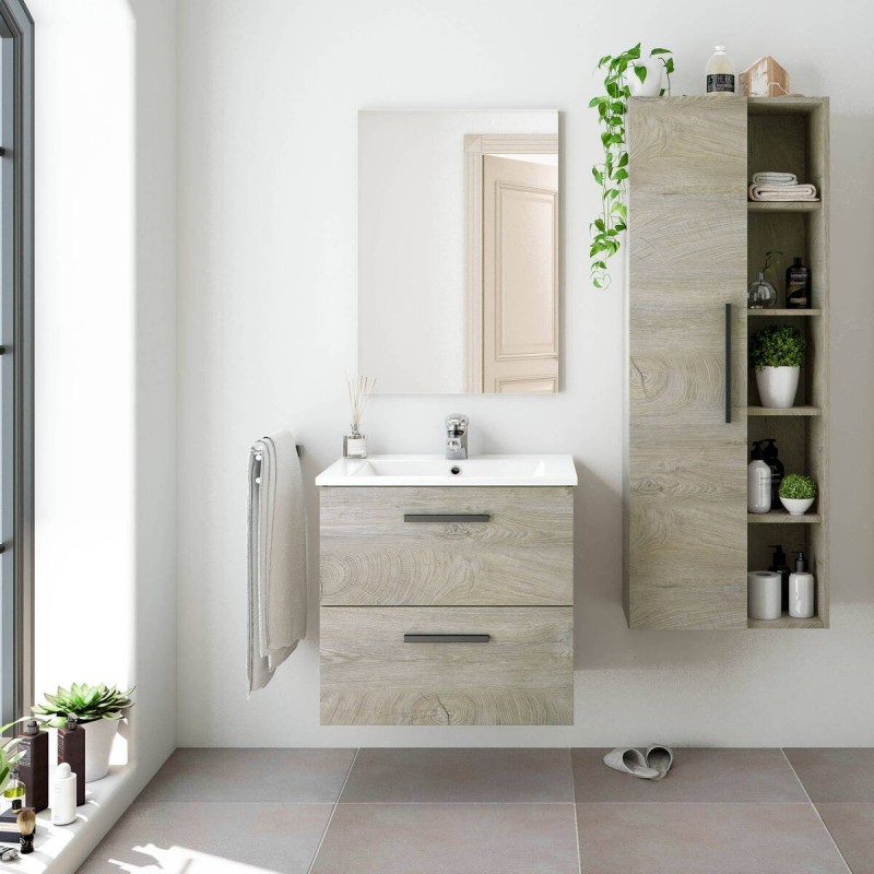 Mueble de baño + espejo ARUBA 2 cajones color roble alaska de 60x45x57 cm ( LAVABO NO INCLUIDO) - Kiona Decoración