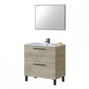 Mueble de baño de pared+ espejo ATHENA 2 cajones color roble alaska de 80x45x80 cm (LAVABO NO INCLUIDO)