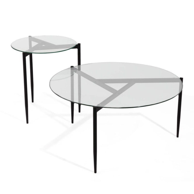 Set de dos mesas auxiliares FEVER cristal transparente y pies metálicos  color negro - Kiona Decoración