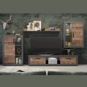 Mueble de salón modular DUKE color nogal y cemento de 300 cm