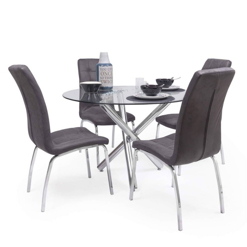 Mesa de comedor redonda de cristal, mesa de cocina con parte superior de  vidrio templado transparente y 4 patas cromadas doradas, mesa de comedor