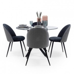 Conjunto de comedor DAVINIA DALILA, mesa de cristal de 110 cm con estructura metálica color negro y 4 sillas tapizadas