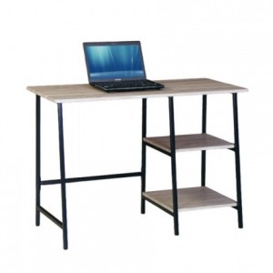 Mesa escritorio de diseño industrial LOFT, estructura metálica, sobre y dos baldas de MDF, color negro y roble, de 110x50x75 cm