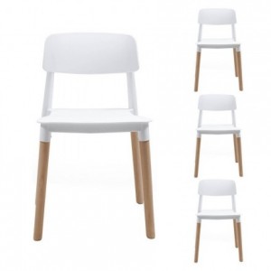 Pack de 4 sillas de comedor de diseño nórdico CALAS, asiento de polipropileno color blanco, patas de madera de haya