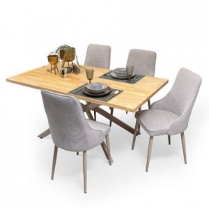 Conjunto de Comedor TAMI QUEEN con Mesa Fija de Madera Maciza y 4 Sillas Tapizadas en Tela Gris