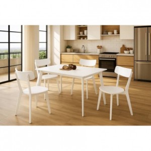 Conjunto de mesa y 4 sillas blanco estilo nórdico. Mesa rectangular fija de 120 × 75 cm.