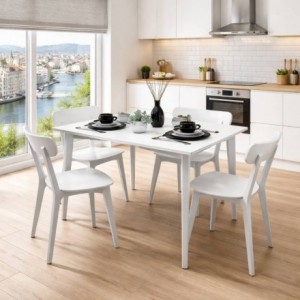 Conjunto de mesa y 4 sillas CODY blanco estilo nórdico. Mesa rectangular fija de 120 × 70 cm.