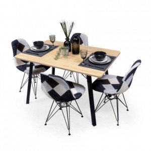 Conjunto comedor industrial BAUHAUS: mesa roble 120x80 con patas negras + 4 sillas patchwork
