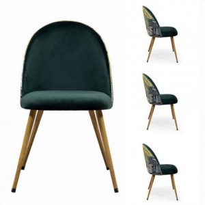 Pack de 4 sillas de Comedor MADEIRA Tapizada en Terciopelo Verde con Respaldo Estampado Tropical y Patas Efecto Madera