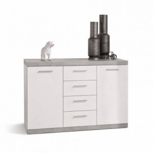 Mueble aparador de comedor con 2 puertas y 4 cajones ESCANAR color hormigón y blanco 118,5x35 Alto 82 cm