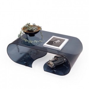 Mesa de centro con ruedas y cristal curvado de una pieza COFFEE SMOKE GRIS de 90x50x36,5 cm