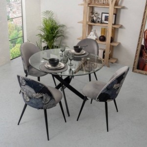 Conjunto de Comedor Madeira con Mesa Redonda de Cristal 110 patas metal y Sillas Tapizadas en Terciopelo Gris