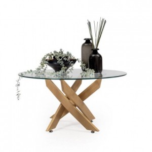 Mesa de centro redonda DALILA WOOD cristal templado y base metálica color madera de 80x40 cm